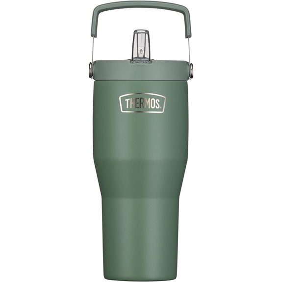 Thermos isolierter grüner Becher mit Strohhalm und Griff